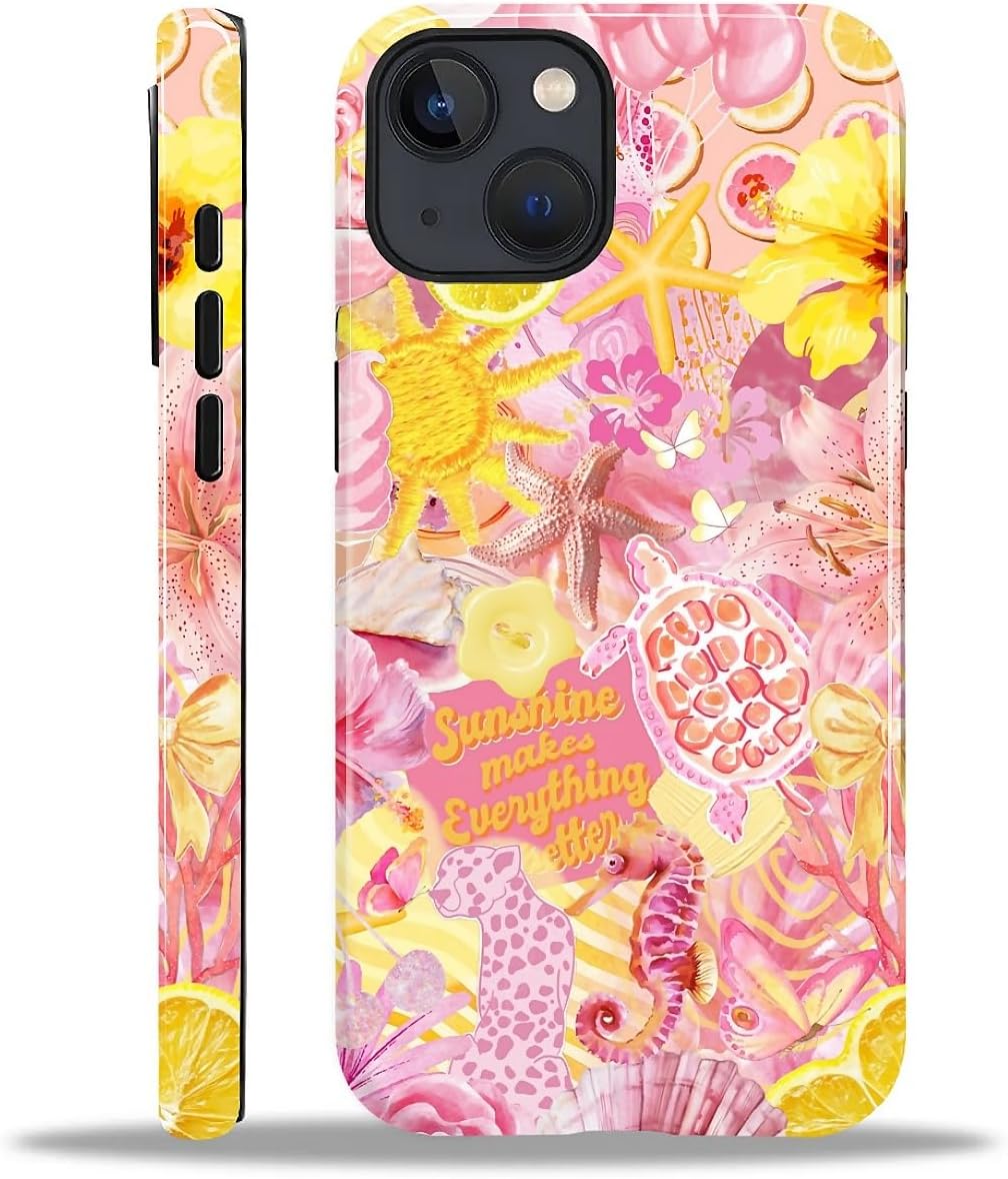 COTAIL Case Designed for iPhone 15, Hybrid 2-Layer Case, Military-Grade Protection Durable Shockproof Anti-Scratch Phone Case, Pink Tropical Summer Collage