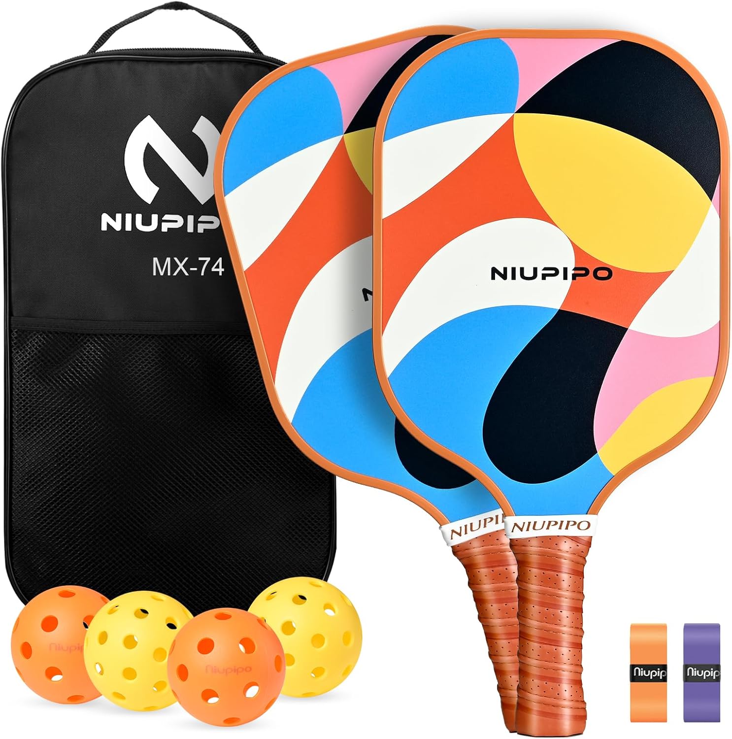 niupipo Pickleball Paddles Set of 2 or 4, USAPA Approved Fiberglass Pickleball Paddle Set with Balls and Bag, Polypropylene Honeycomb Core, Lightweight Pickleball Paddles for Beginners Men Women