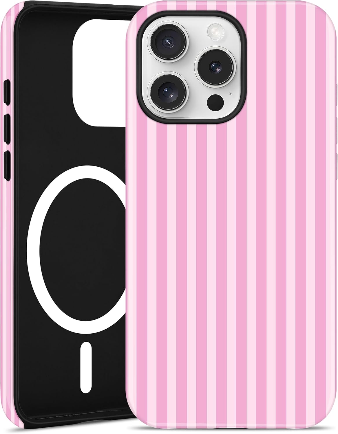 Jusy Compatible with MagSafe Striped Phone Case for iPhone 13\/14, Cute Aesthetic Magnetic Soft TPU and Hard PC Protective Phone Cover for Women Girls（Matte） - Dark Pink