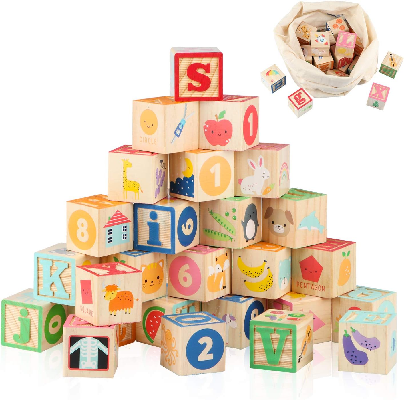 Joqutoys ABC Wooden Building Blocks for Toddlers 1-3 Large, 26 PCS Alphabet &amp; Number Stacking Blocks, Educational Learning Toys for Boys Girls Kids Gifts 1.65''