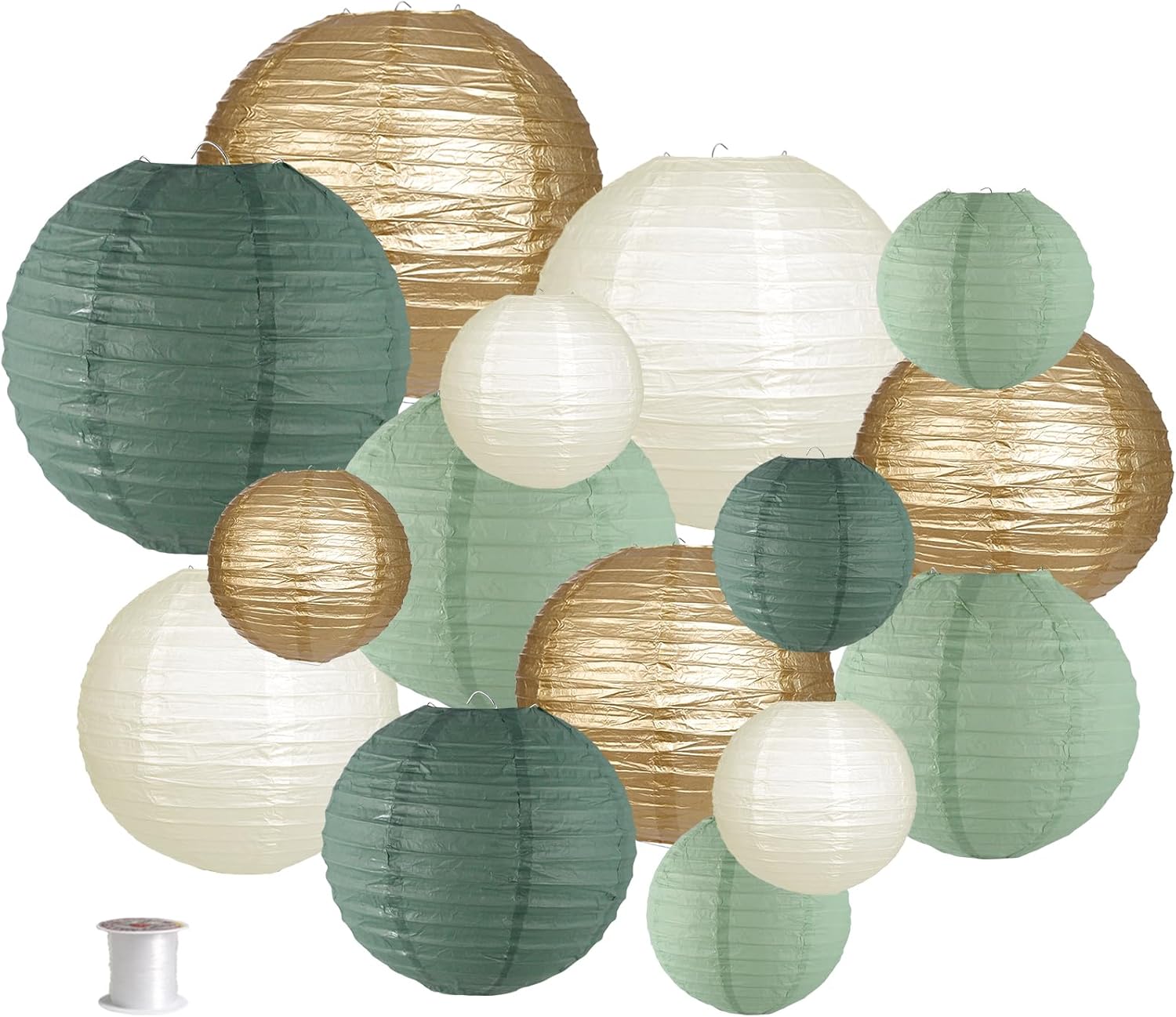 zilue Paper Lanterns Decorative, Round Hanging Paper Lanterns Decorations for Rustic Party Bridal Shower Wedding Sage Green Birthday Party Supplies Gold\/Ivory\/Sage Green 15pcs