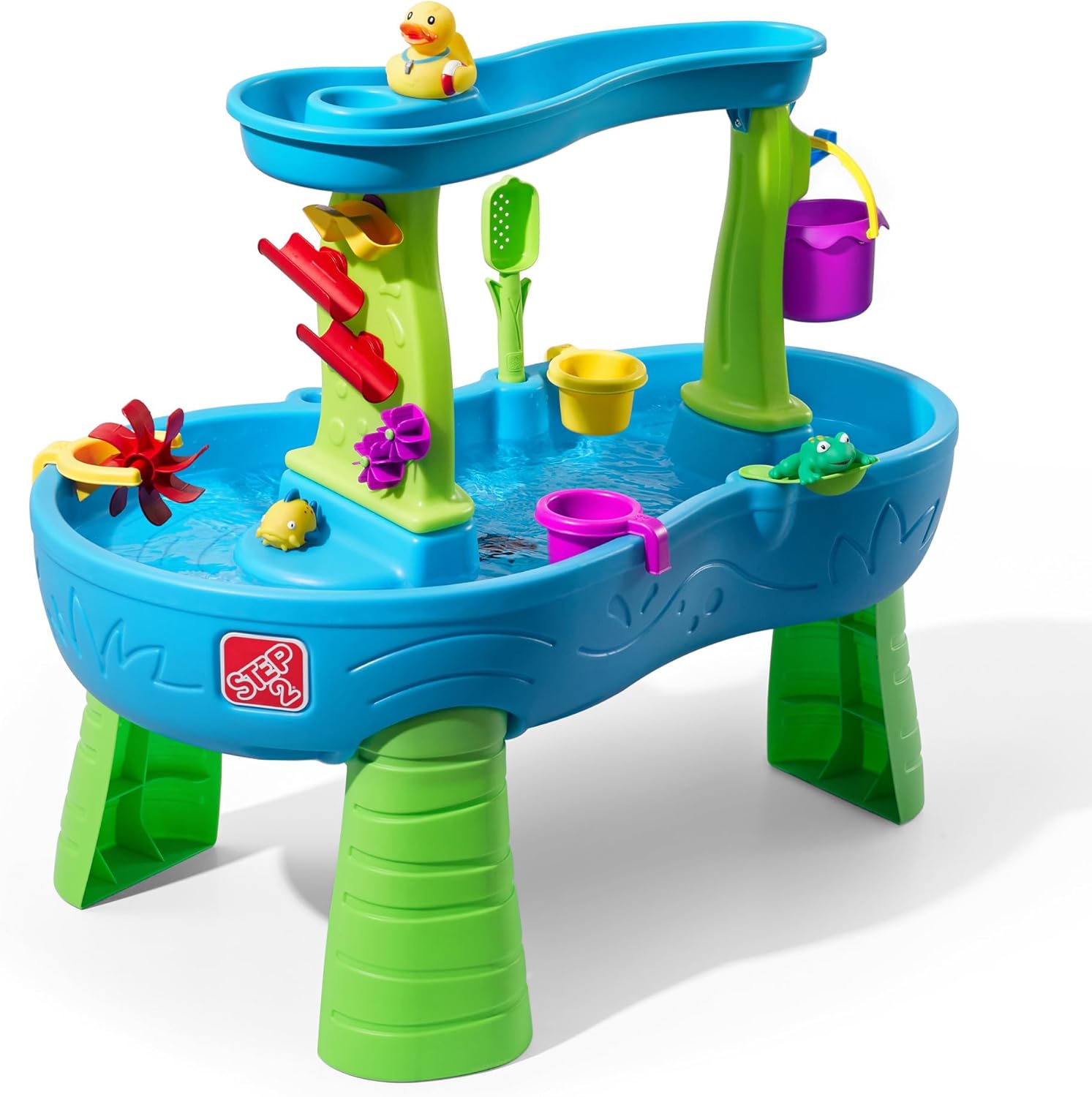 Step2 Rain Showers Splash Pond Water Table, Kids Water and Sand Activity Sensory Playset, Summer Outdoor Toys, 13 Piece Water Toy Accessories, For Toddlers 1.5+ Years Old, Blue &amp; Green