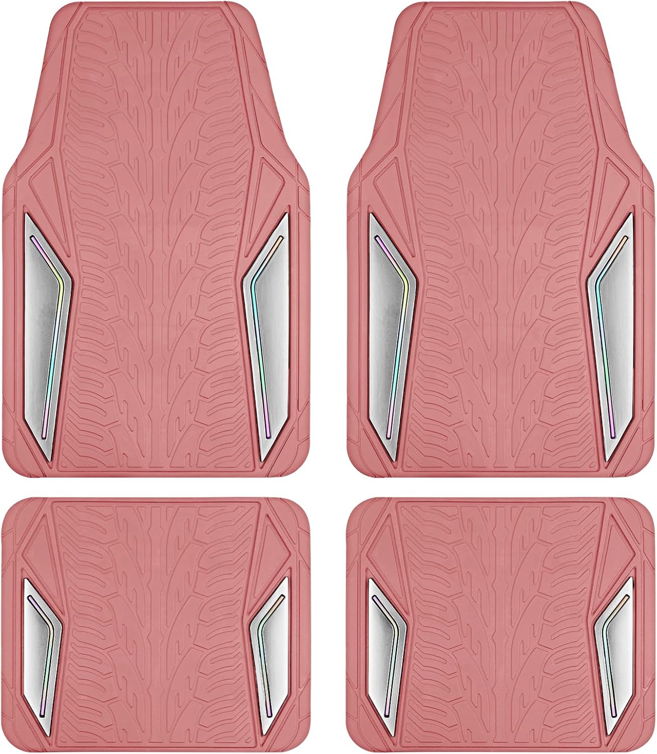 PIC AUTO Pink Rubber Floor Mats, Silver Aluminum Film with Colorful Piping Floor Mats for Cars, Car Mats with Non-Slip Backing, All-Weather, Trim-to-Fit Liner for Cars, SUVs, Trucks, Vehicles