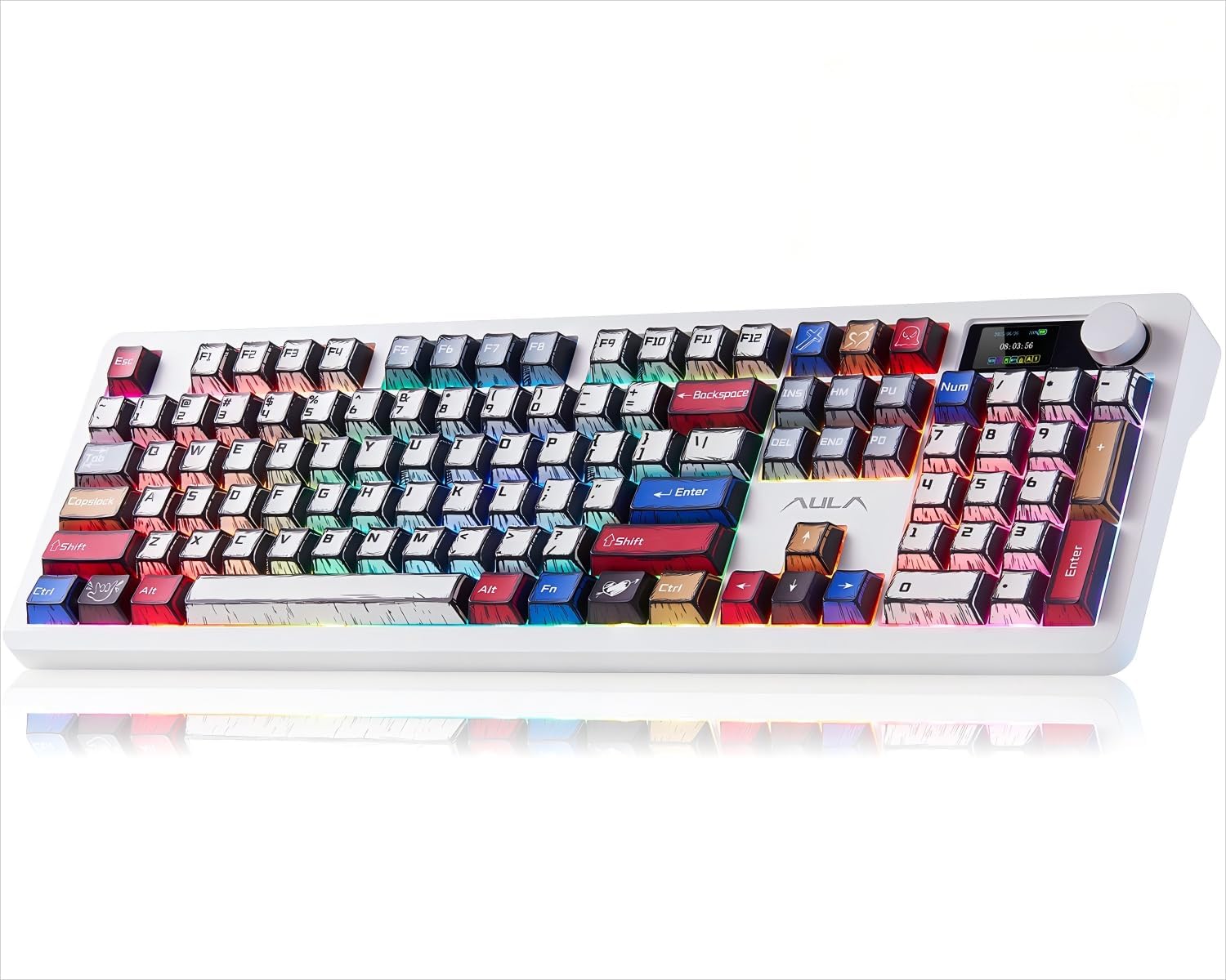 AULA F106 PRO Wireless Mechanical Keyboard,Full Size Gaming Keyboard with Hot Swappable Knob &amp; Screen,Tri-Mode RGB Backlit with 8000mAh for PC\/Laptop\/Windows - Blaze Switch,Comic Mix