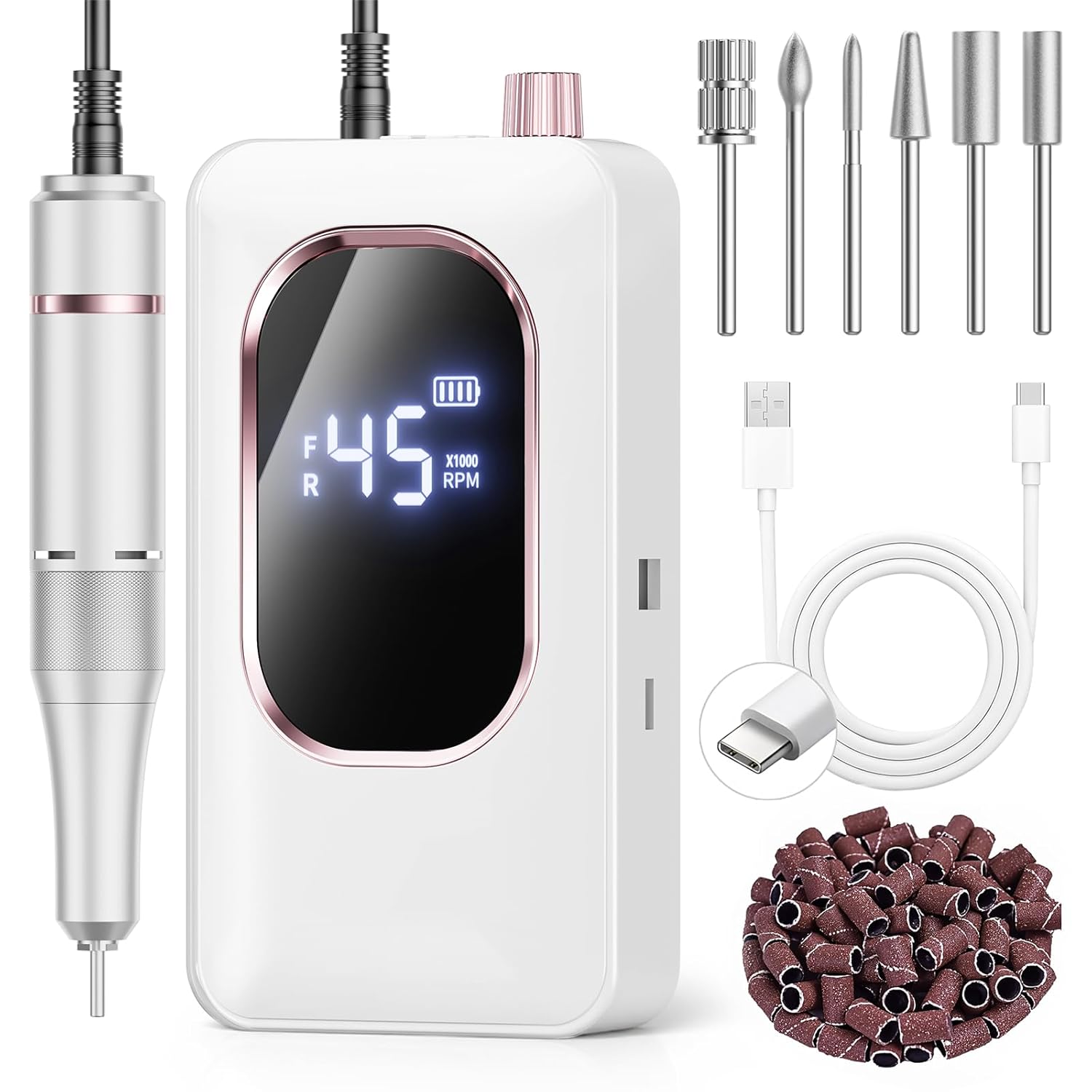 Professional Electric Nail Drill 45000RPM, Portable Nail File for Acrylic Gel Nails, Cordless Rechargeable Salon-Grade Ultra Power Nail Drill Kit for Shaping, Polishing &amp; Removing Gel Nails