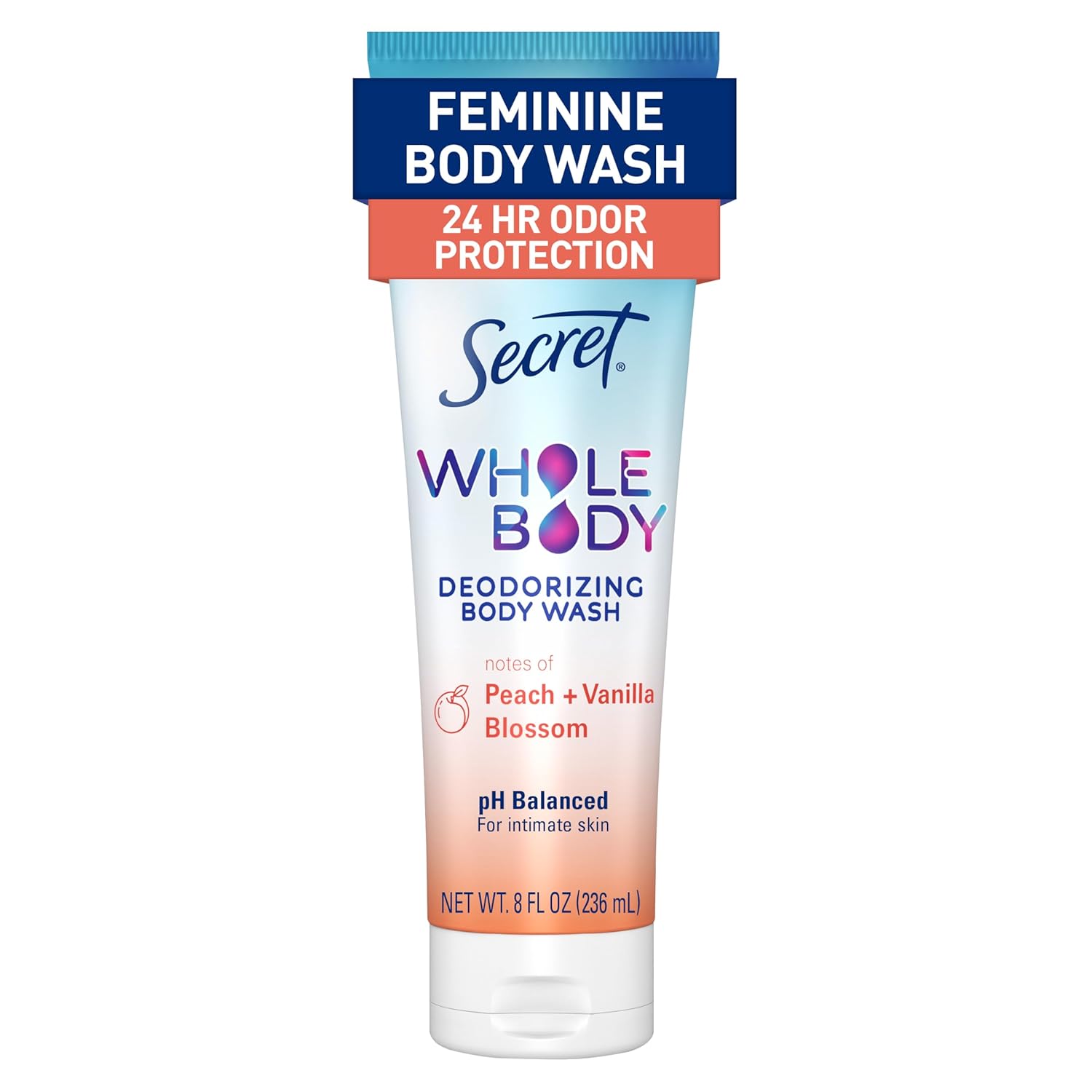 Secret Feminine Wash, 24 HR Deodorizing Feminine Body Wash for Women, Removes 6x Causes of Odor, PH Balanced, Safe to Use Everywhere, Peach &amp; Vanilla Blossom Scent, 8.0 oz