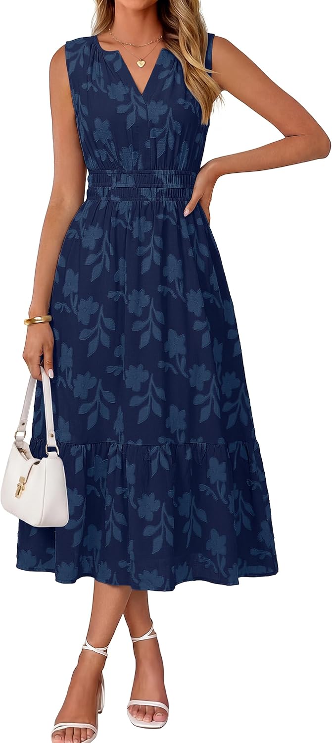 Simplee Womens Summer Maxi Dress Boho Floral Casual A Line V Neck Sleeveless Empire Waist Flowy Beach Vacation Sundress