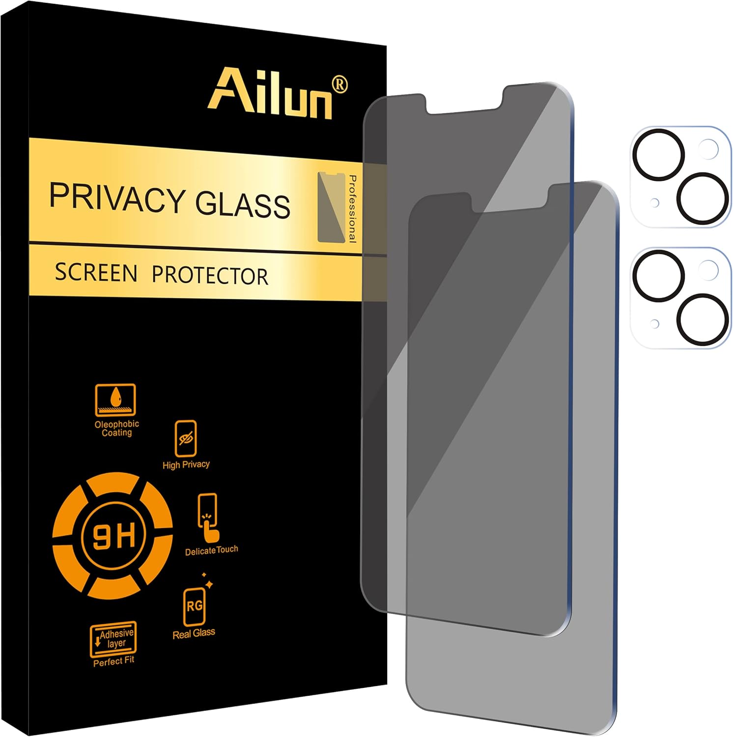 Ailun 2 Pack Privacy Screen Protector for iPhone 14[6.1 inch] + 2 Pack Camera Lens Protector, Anti Spy Private Tempered Glass Film, Case Friendly, [9H Hardness] - HD [Black]