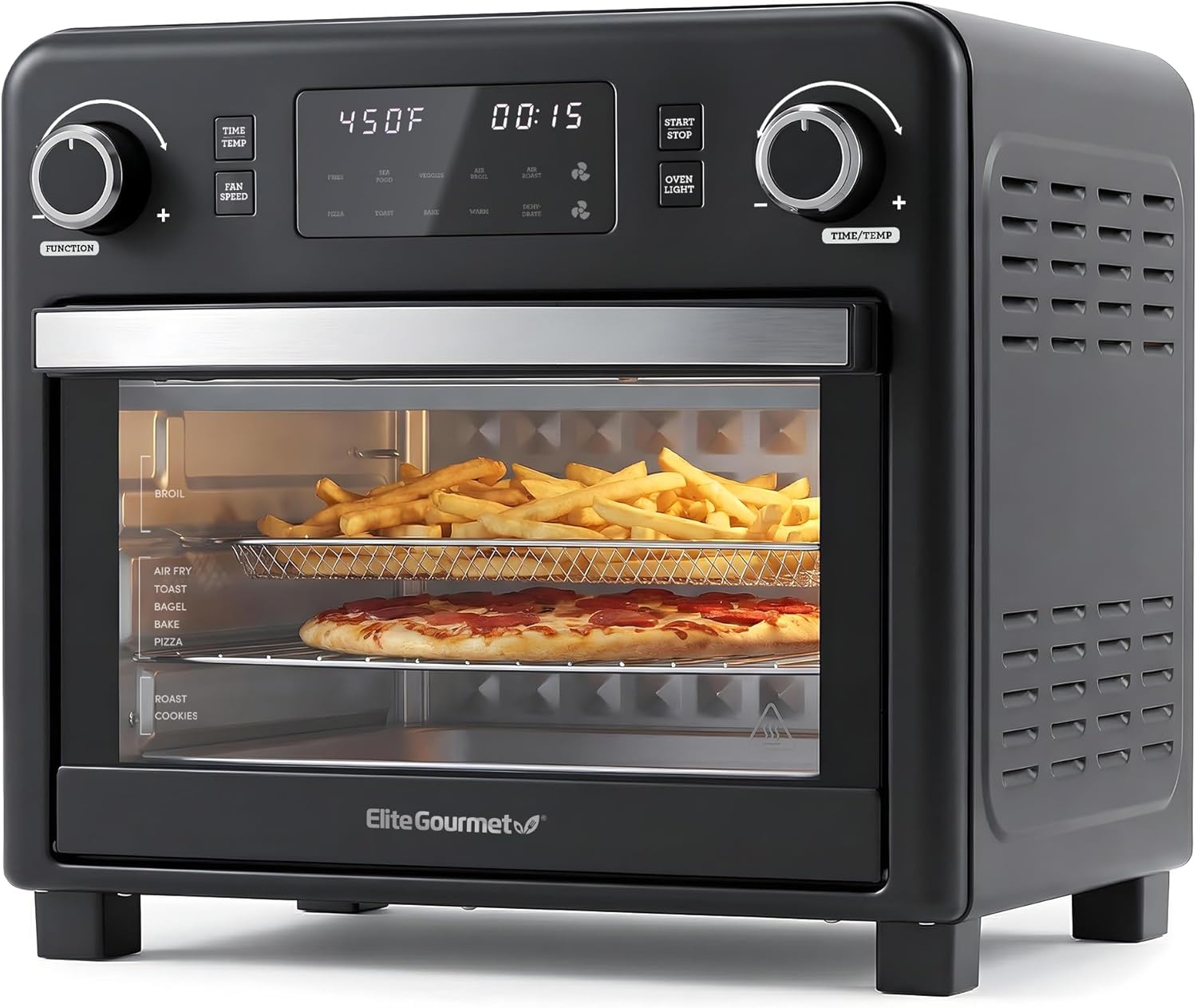 Elite Gourmet EAF9320 23L Air Fryer Toaster Oven, 10-in-1 Digital Convection Countertop Oven, Dual Fan Speeds, Air Fry, Bake, Broil, Toast, Dehydrate, 1600W w\/Air Fry Rack, Bake Rack &amp; Pan, Black