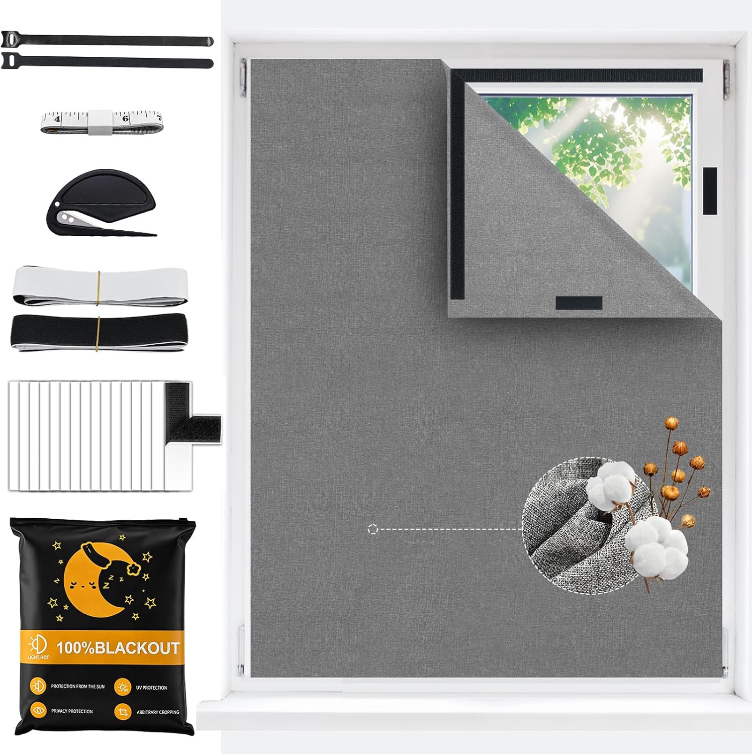 100% Blackout Curtains for Bedroom, [Upgraded] Cotton Black Out Window Cover, No Drill Sticky Blackout Shades for Travel, Portable DIY Window Blinds for Nursery, Media Room, RV, Skylight Dorm 79x59 in