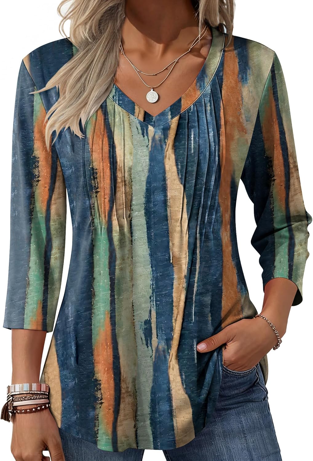 Zeagoo 3\/4 Length Sleeve Womens Tops Casual V Neck Pleated Top Boho Floral Blouses Work Shirts