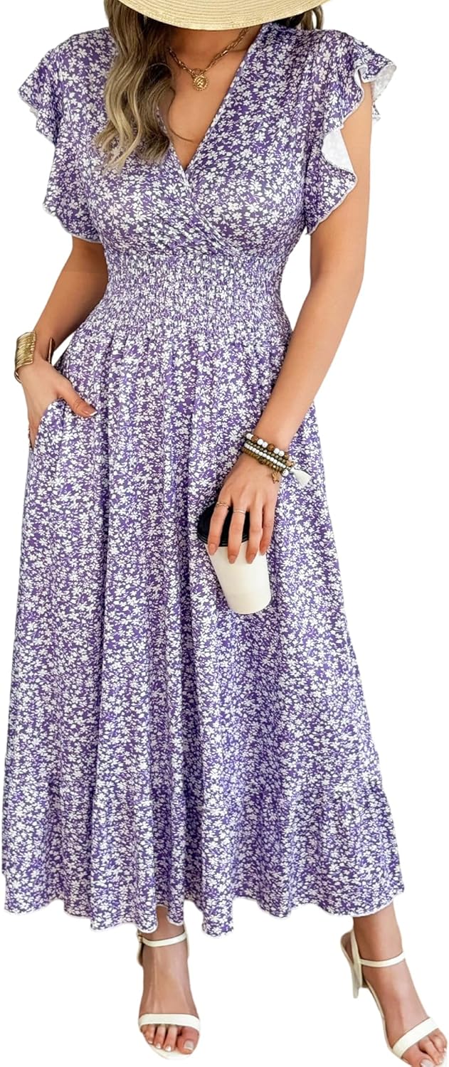 HEBELD Women\u2019s Maxi Floral Dress - Flutter Short Sleeve Wrap V-Neck Flowing A-Line Summer Dress with Smocked Waist and Pocket