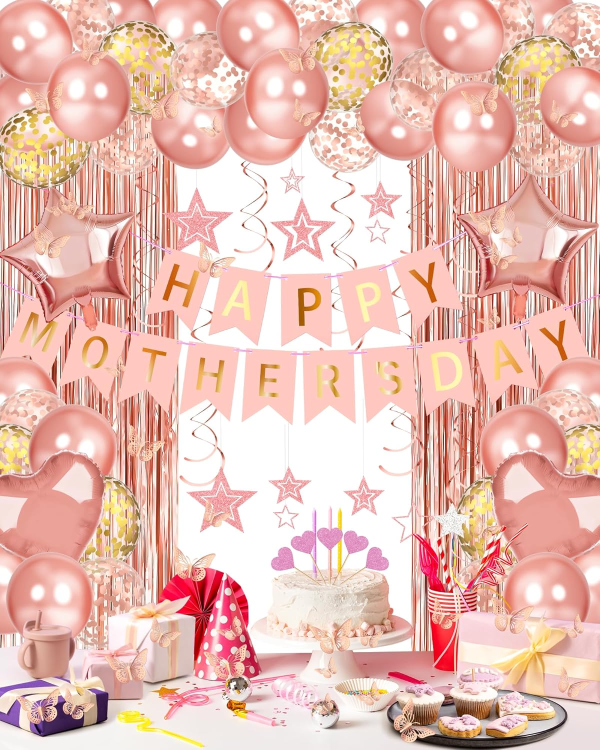 Lutoys Rose Gold Happy Mothers Day Decorations, Happy Mother\u2019s Day Banner, Rose Gold Foil Heart Star Confetti Balloons Curtain Backdrop Hanging Swirls Party Decor for Mom Women