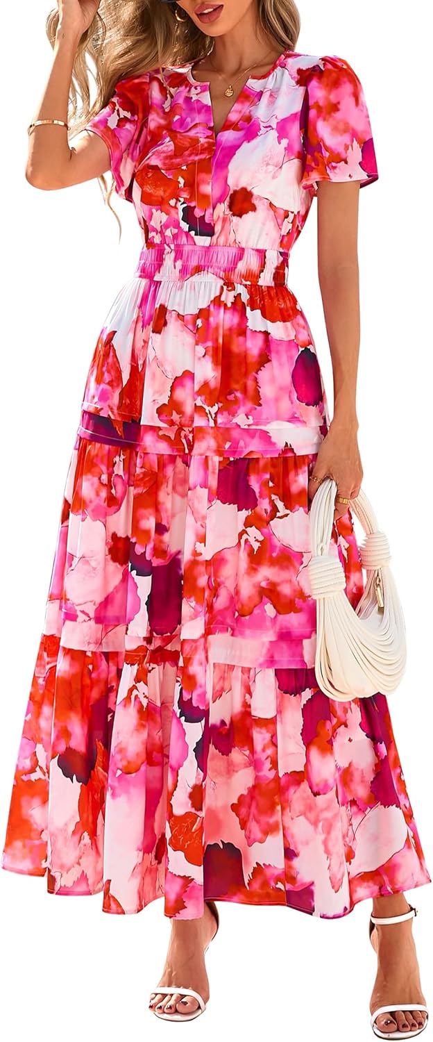 PRETTYGARDEN Women's 2026 Summer Boho Maxi Dresses Floral Short Sleeve V Neck A Line Tiered Flowy Long Beach Vacation Dress