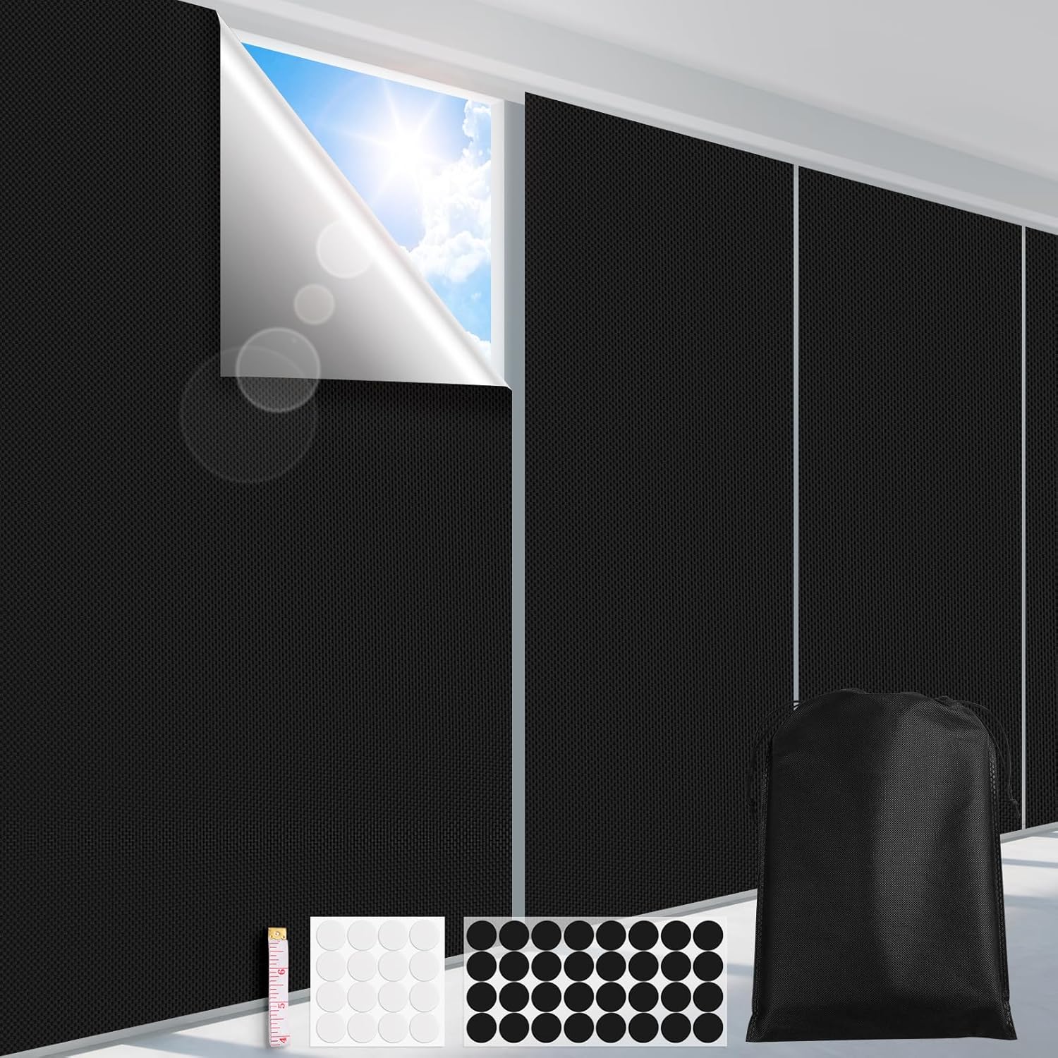 FADOTY Blackout Curtains for Bedroom, Portable 100% Black Out Window Cover Film, Cuttable Blackout Shades Fabric Sheet, No Drill Window Blinds, Sun Heat Light Blocker for Travel Media Dorm, 57'