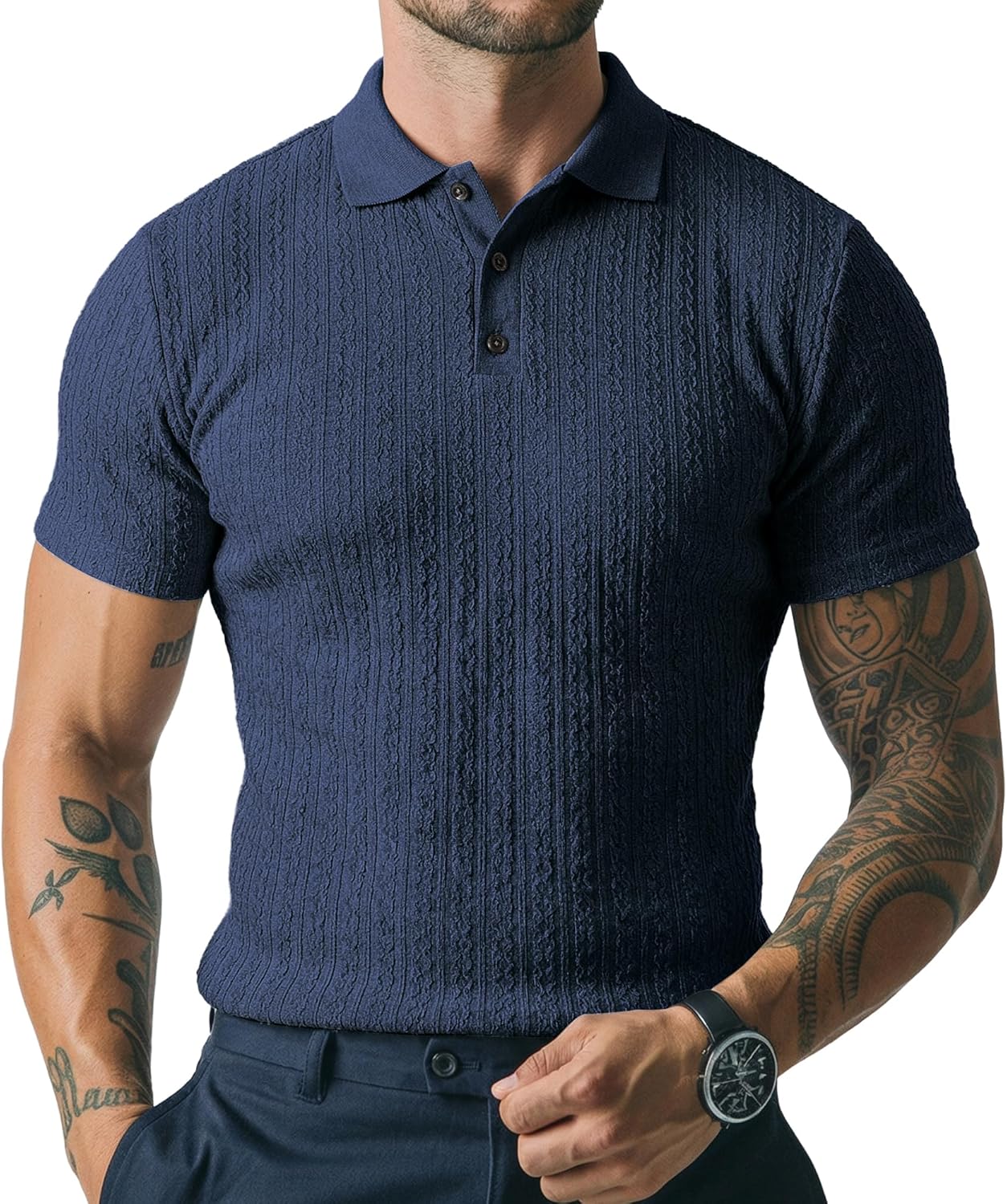 M'annswear Men's Classic Knitted Polo Shirt Short Sleeve Regular Fit Business Casual Soft Stretch Collar Shirt