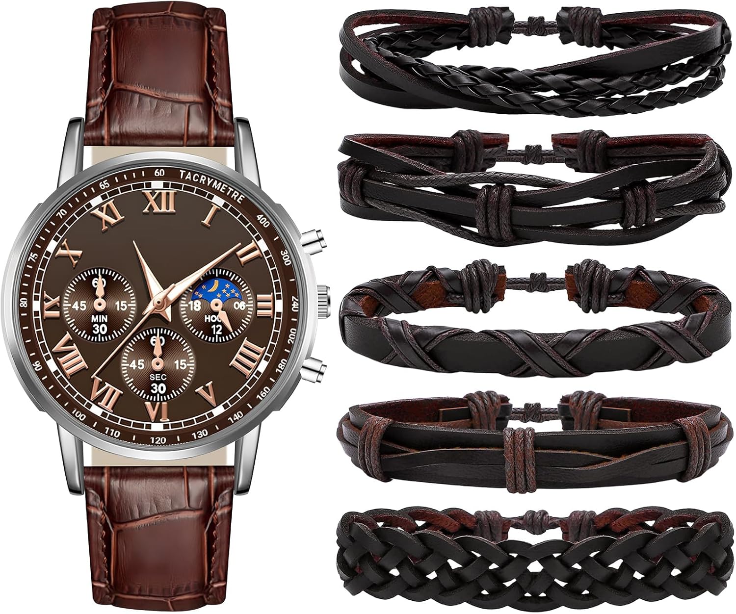 NEWITIN 6 Pieces Men Watch Bracelets Set Big Face Watch Braided Leather Bracelets Waterproof Wristwatch Leather Jewelry for Men
