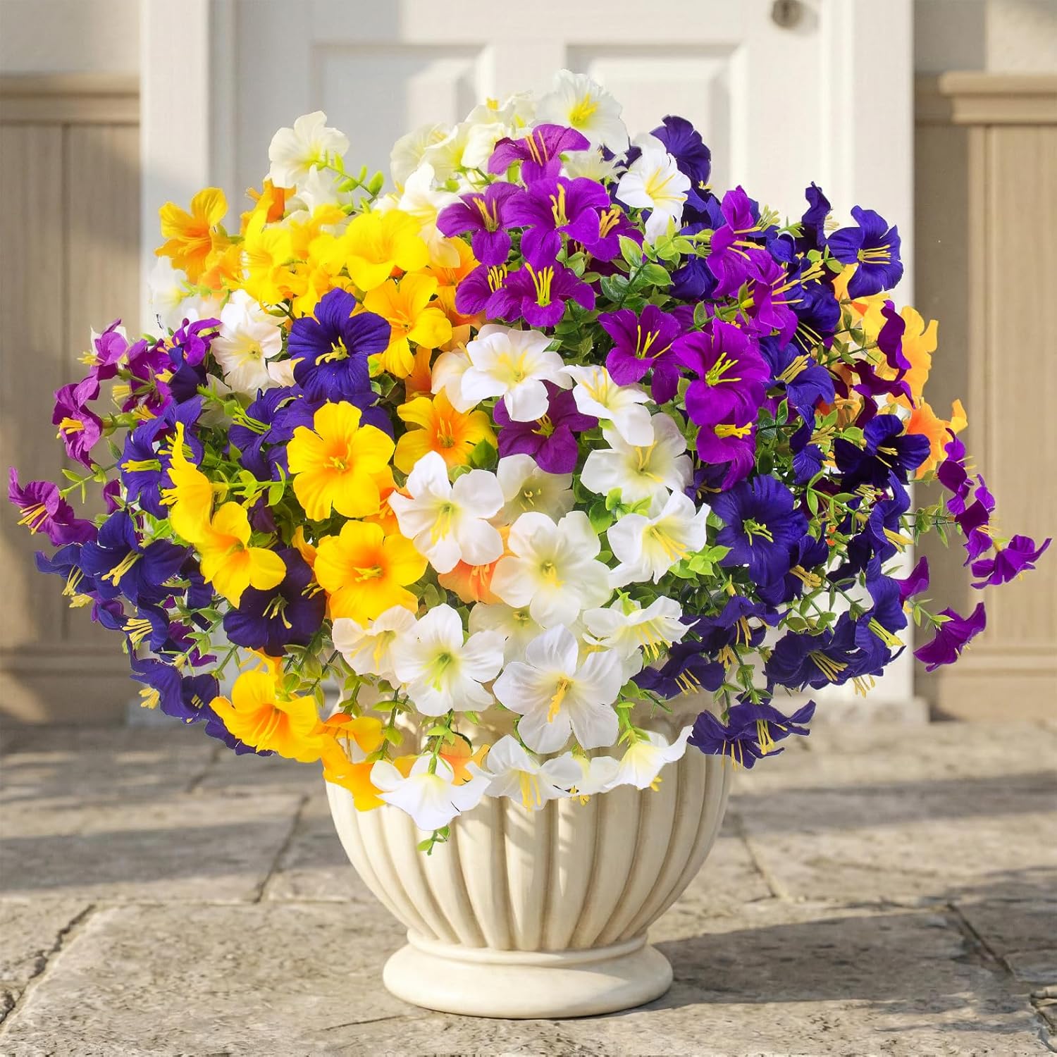16 Pcs Faux Petunias Artificial Flowers For Outdoors, UV Resistant Fake Petunias Plants Realistic Silk Flowers for Porch Front Door Garden Window Outside Decor (16, White,Yellow,Purple,RedViolet)