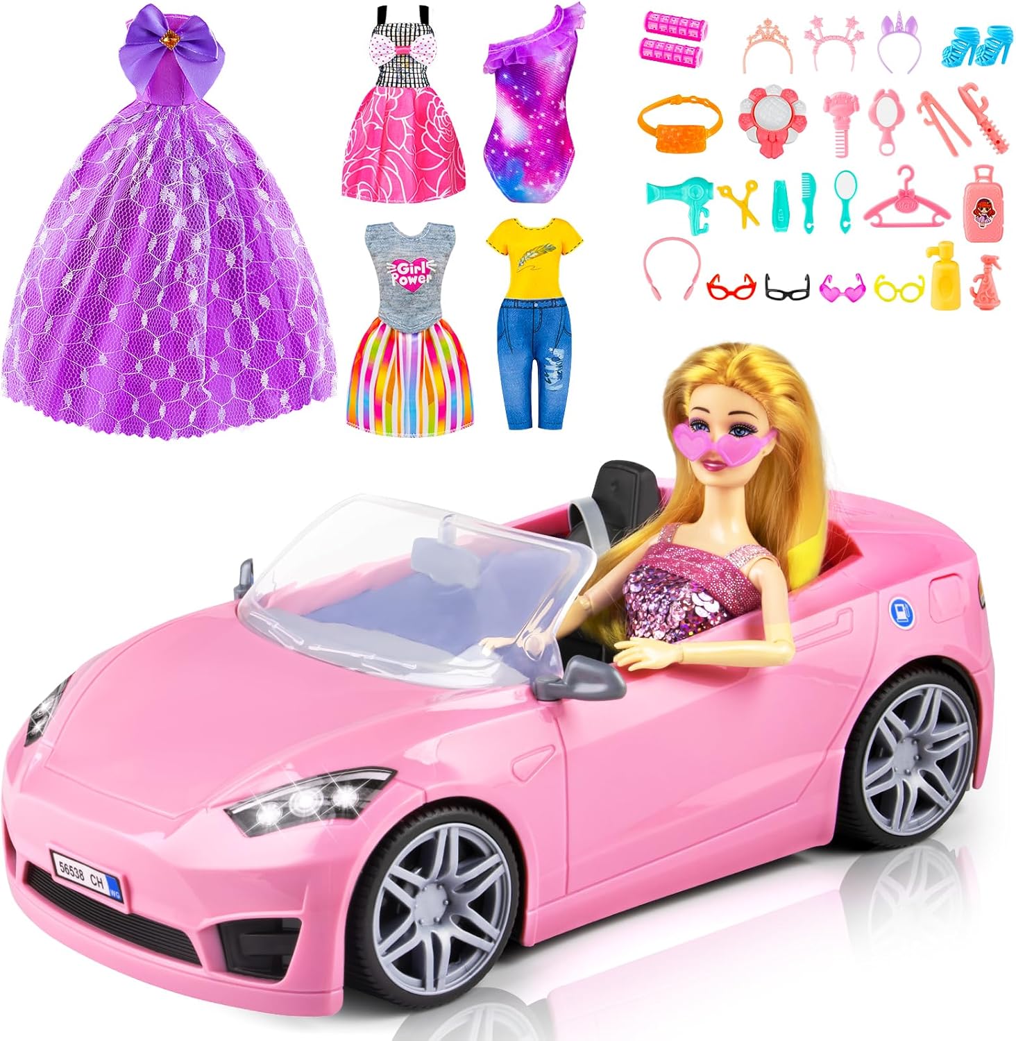 76 Pcs Doll &amp; Convertible Car Playset,Included 11.5 in Dol-l,Car,Princess Dresses,Fashion Dresses,Casual Clothing,Swimsuits,Bags,Shoes,Doll Playset,Doll Dress up Toys for Girls Kids Toddlers Gifts