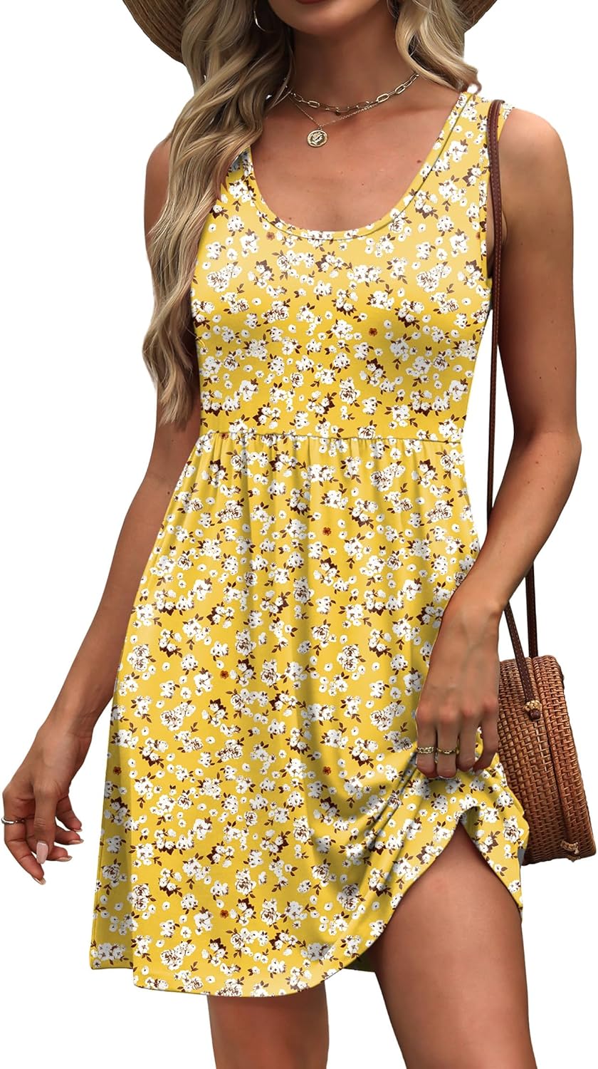 WIHOLL Women's Summer Dress 2026 A-Line Sleeveless Casual Sundress with Pockets Floral\/Solid