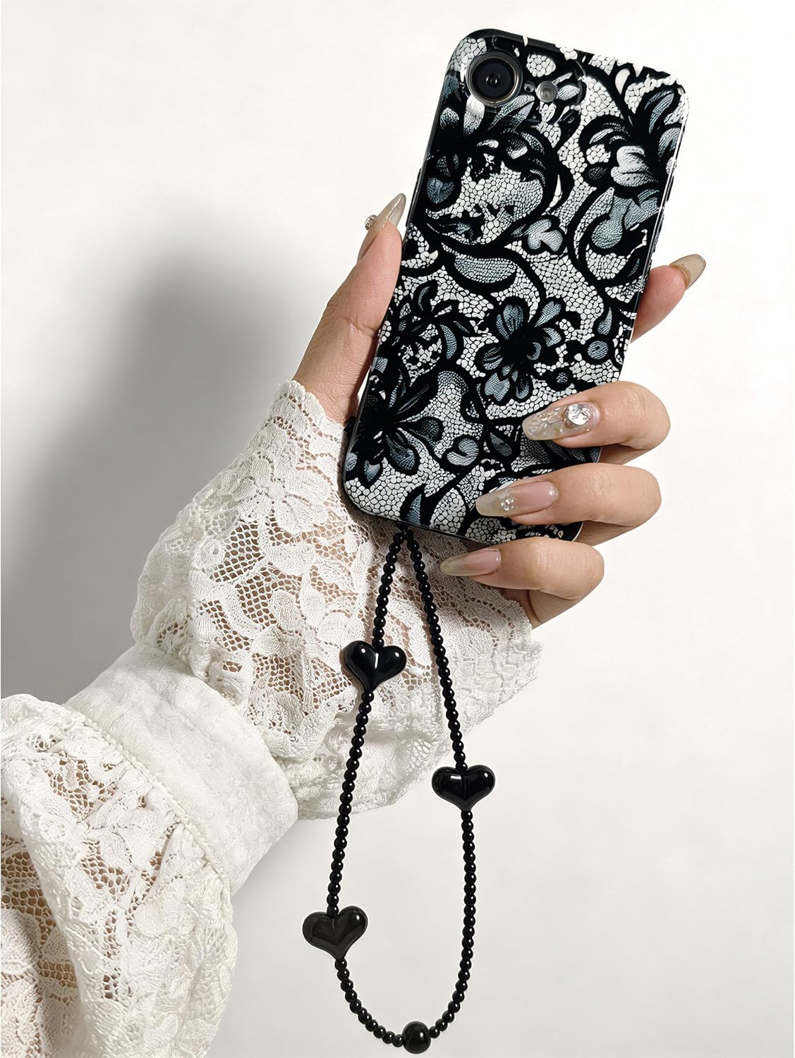 Jzzeuose Phone Case for iPhone 16e \/17e Cases Lace Floral with Beaded Wristlet, Cute Soft TPU Protective Phone Case for Women Girls, Anti-Scratch Shockproof Slim Cover with Fashion Black Lace Pattern