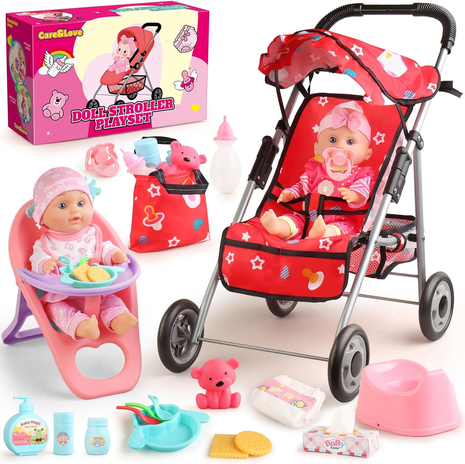 Baby Doll Stroller Set - A 12.5" Baby Doll with Doll Accessories &amp; 2 Sets Clothes, Baby Doll Stroller for Toddlers 3-5, Doll Playset Toy Stroller for Kids, Gifts for Girls 3 4 5 Year Old Girls