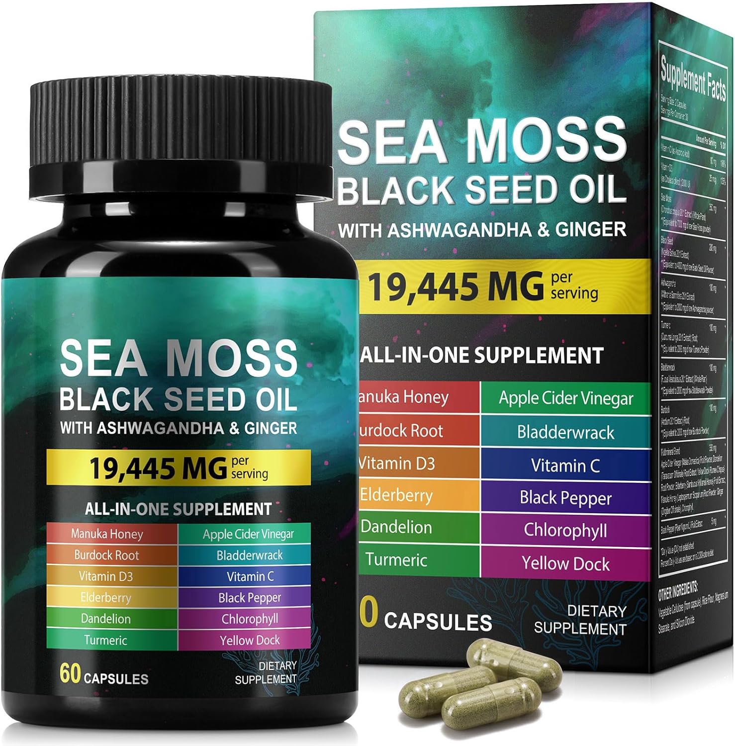 Sea Moss Black Seed Oil Ashwagandha Ginger, Sea Moss Capsule Supplement with Turmeric Burdock Root Bladderwrack Vitamin C Vitamin D3 Enhanced Immunity &amp; Energy Black Seed Oil Capsule 60 Count