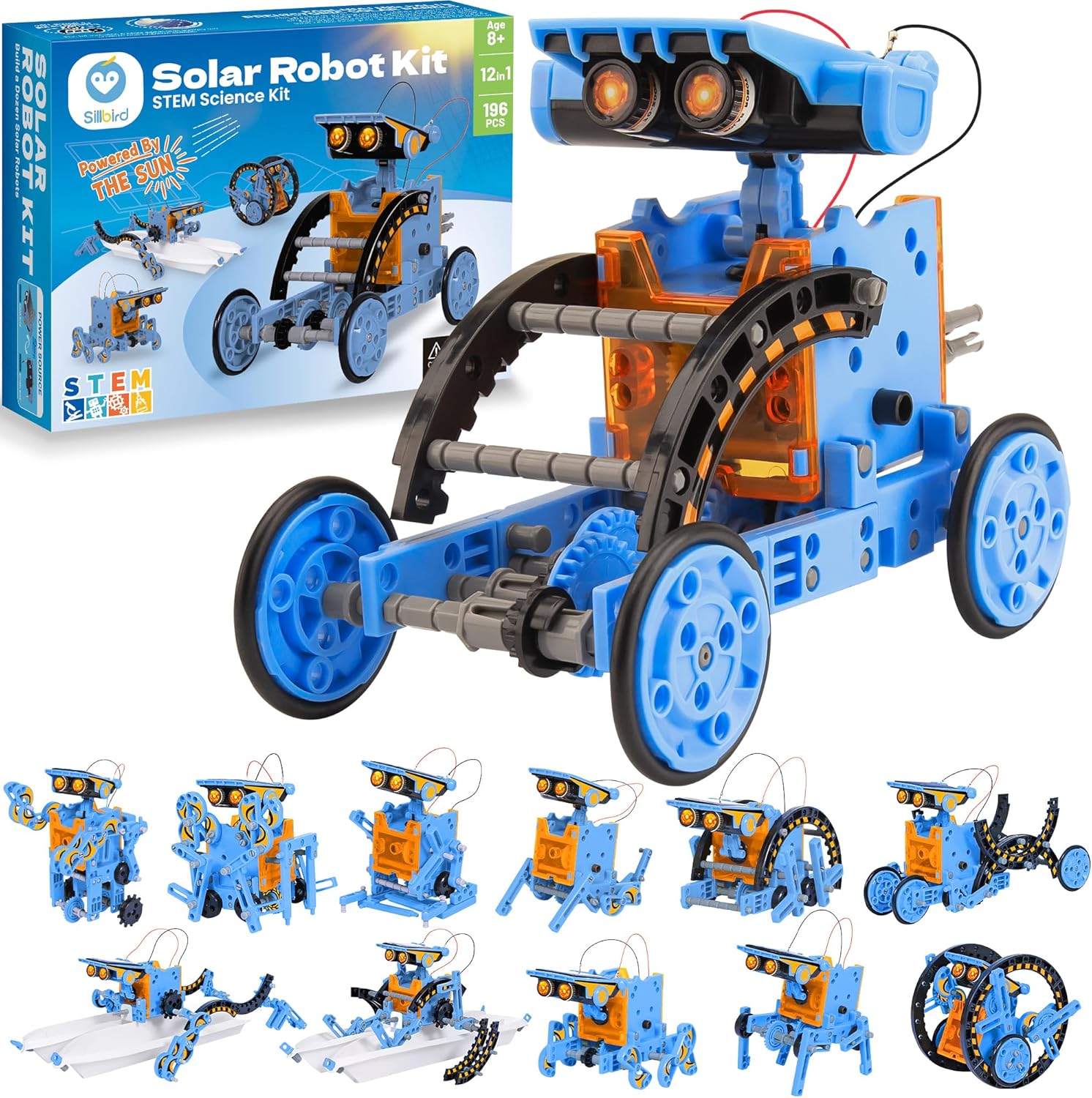 Sillbird Solar Building Robot Kit STEM Gift for Boys Aged 8-13, DIY Science Educational Toys for Kids Teens Birthday, 12-in-1 Solar or Battery Powered Robotic Set with 196 Pieces