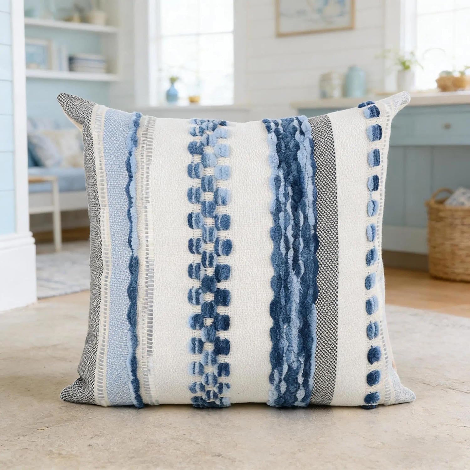 yuboo Coastal Decorative Throw Pillows Set of 2, 18x18 Blue and White Textured Tufted Pillow Covers, Nautical Summer Beach House Decor for Couch, Sofa, Bedroom and Patio (Inserts Not Included)