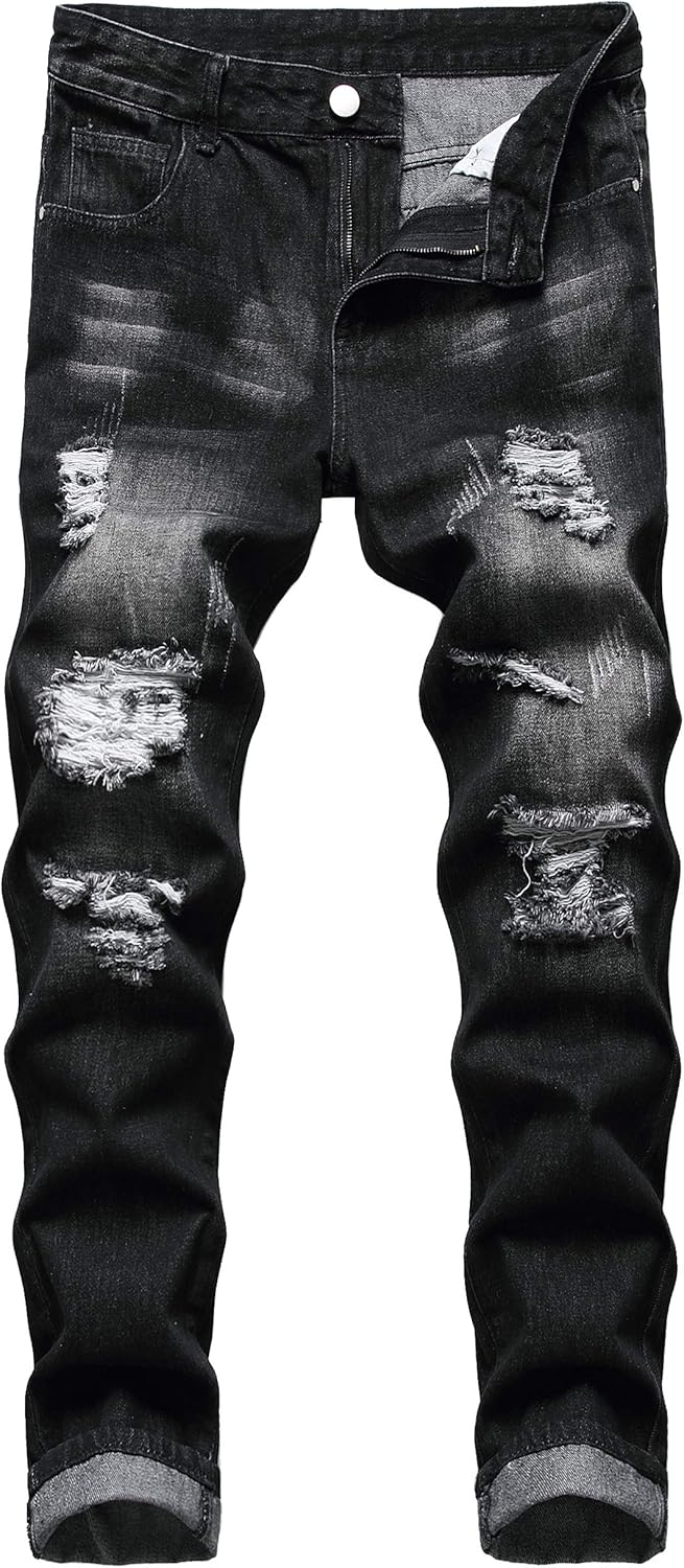 QIMYUM Mens Ripped Jeans, Distressed Destroyed Slim Fit Straight Leg Denim Pants