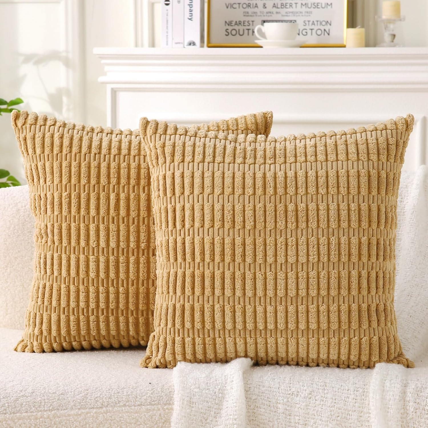 WHATWEARS 2 Pack Corduroy Decorative Throw Pillow with Inserts, 20x20 Inch Soft Boho Throw Pillow, Square Striped Throw Pillows for Couch, Bed, Sofa Decor (Golden Brown)