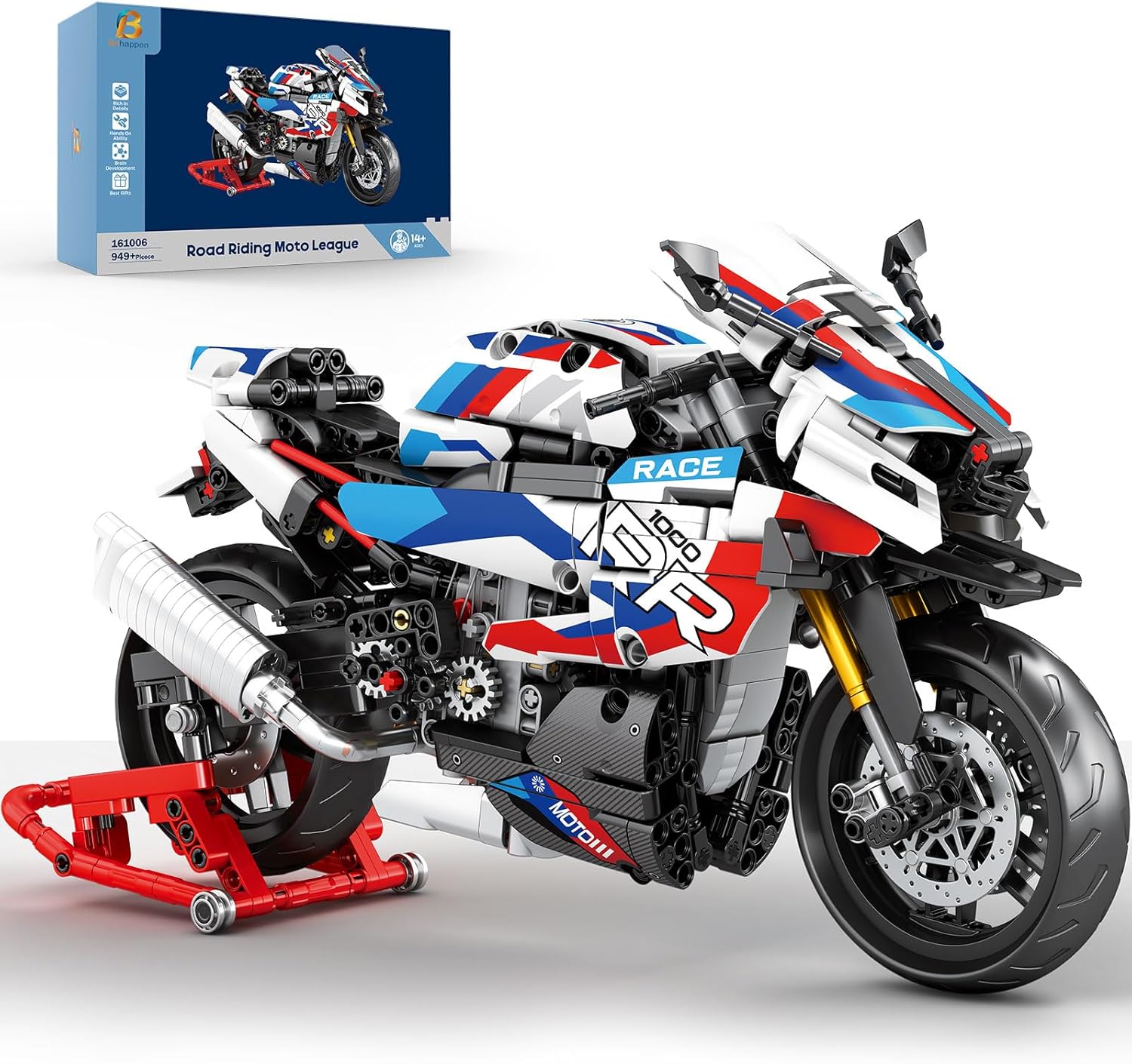 Brihappen 1:8 Scale 1000 RR Motorcycle Building Set for Adults, Technic Motorbike Model Kit with Steering Function, Display Stand, 949PCS Collectible Motorcycle Model Gift for Men 14+