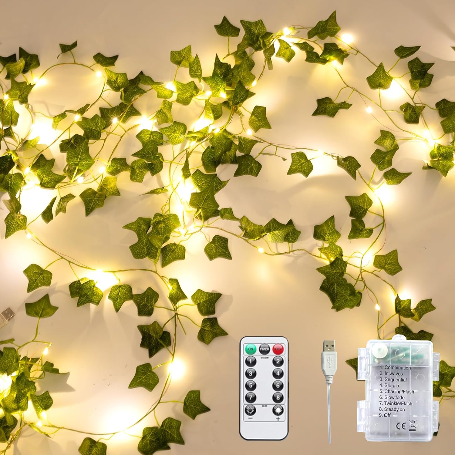 Alabeila Nest Fake Plants Vines,33ft 100 LED Artificial Ivy Garland with Fairy Lights,for Home Living Room Bedroom wall Art Aesthetic Office Coffee Wedding Party Farmhouse Dorm Outdoor Garden Decor