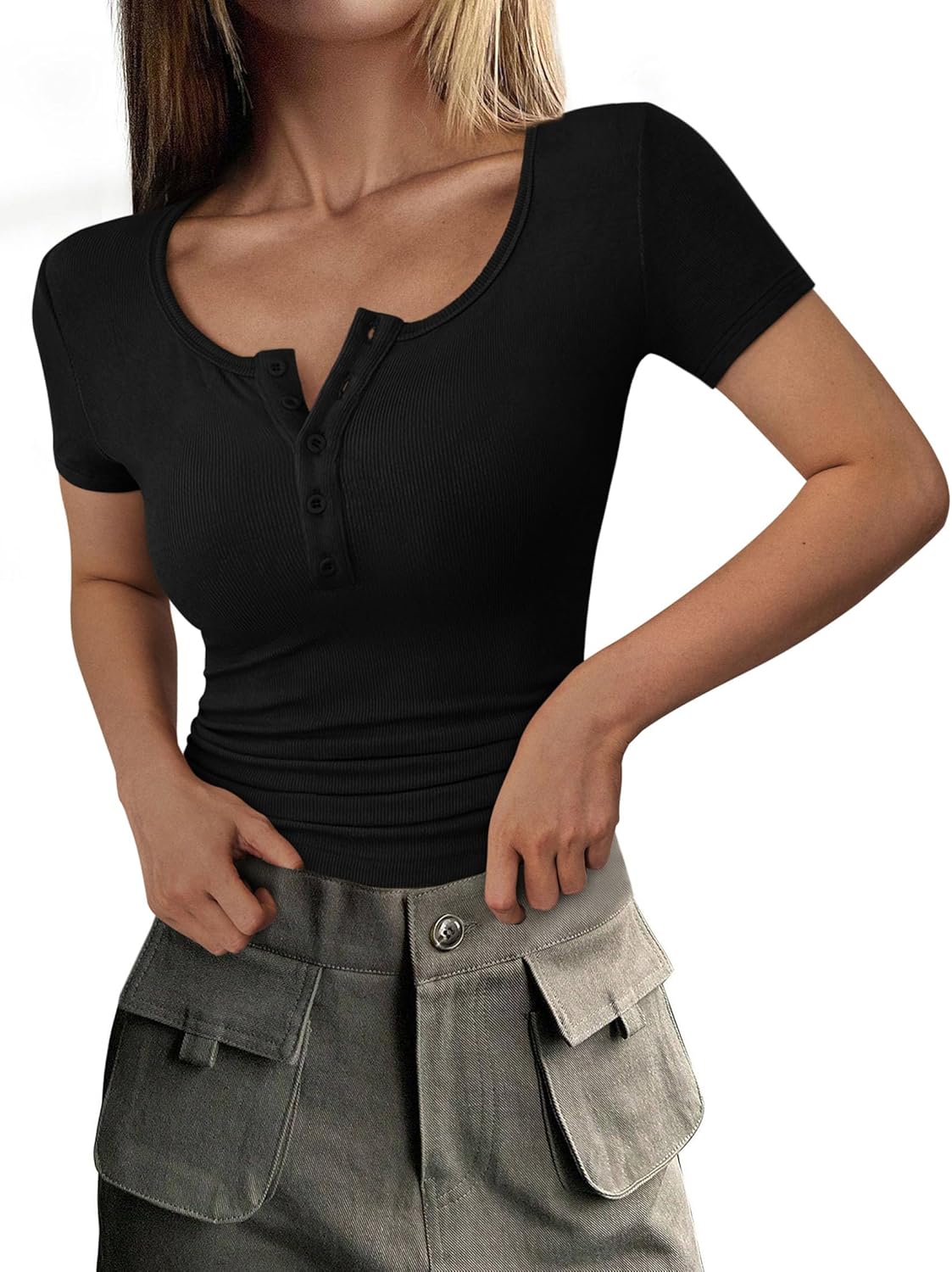 PRETTYGARDEN Womens 2026 Summer Short Sleeve Tops Ribbed Henley Button Slim Fit Basic Casual T Shirts Blouse Fashion Clothing