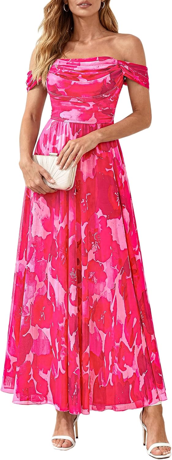PRETTYGARDEN Womens Off Shoulder Maxi Summer Dresses 2026 Elegant Mesh Aline Swing Ruched Flowy Cocktail Wedding Guest Dress