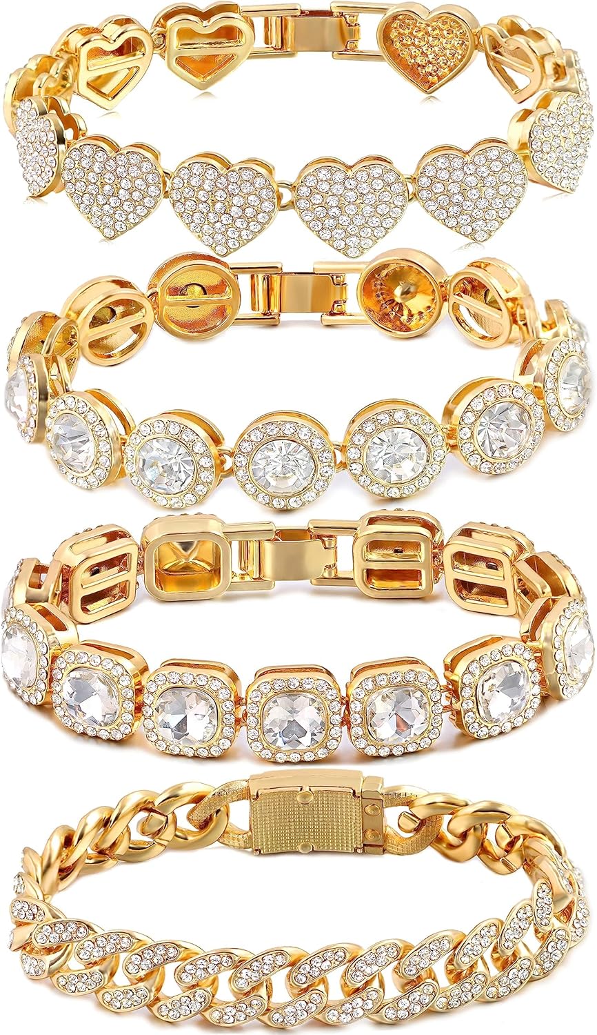 shopbyskyler 4PCS Gold Bracelets for Women Silver Clustered Tennis Bracelet for Women Heart Round Diamond Cuban Bracelet Layered Link Bracelet Set Fashion Jewelry for Women Set