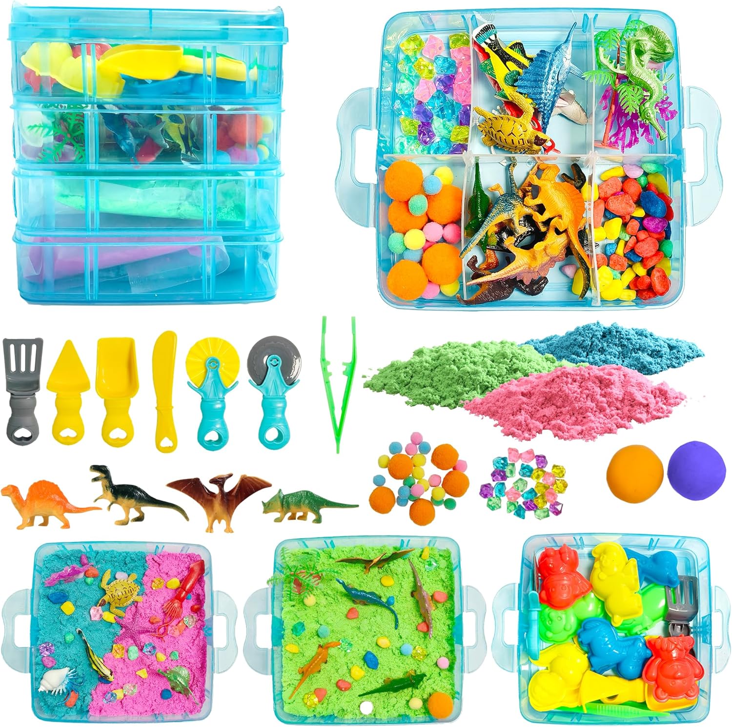 Dino &amp; Ocean Sensory bin, Dino &amp; Ocean Sensory Toys with Play Sand for Toddlers Boys and Girls,Kids Toys Gift Sand Box for Age 3 4 5 6 7 8