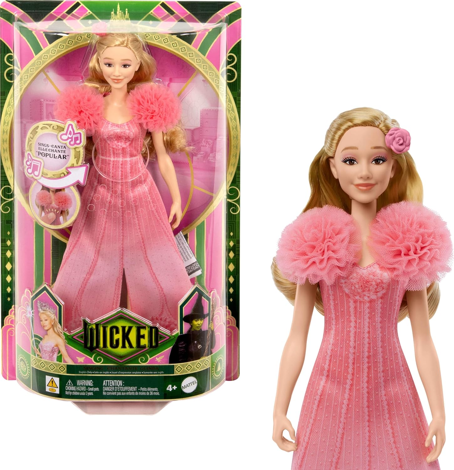 Mattel Wicked Singing Glinda Fashion Doll &amp; Accessories, Posable with Movie-Inspired Look &amp; Removable Outfit, Sings \u201CPopular\u201D